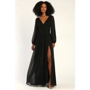 LULU'S NWT Enchant My Love Black V-Neck Long Sleeve Maxi Dress // XS